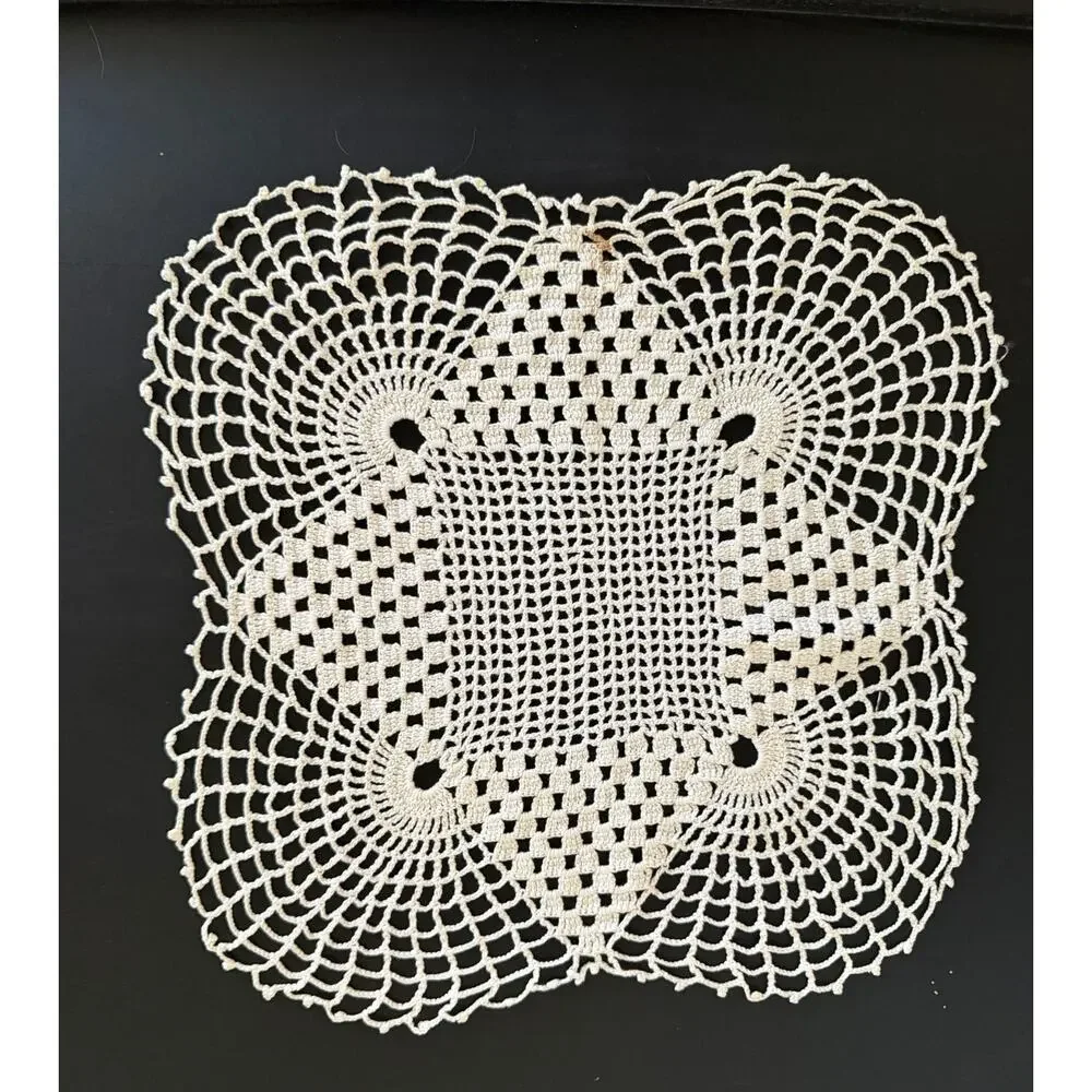 Vintage Hand Crocheted Square Doily Cream Cotton Lace Farmhouse Cottage Decor